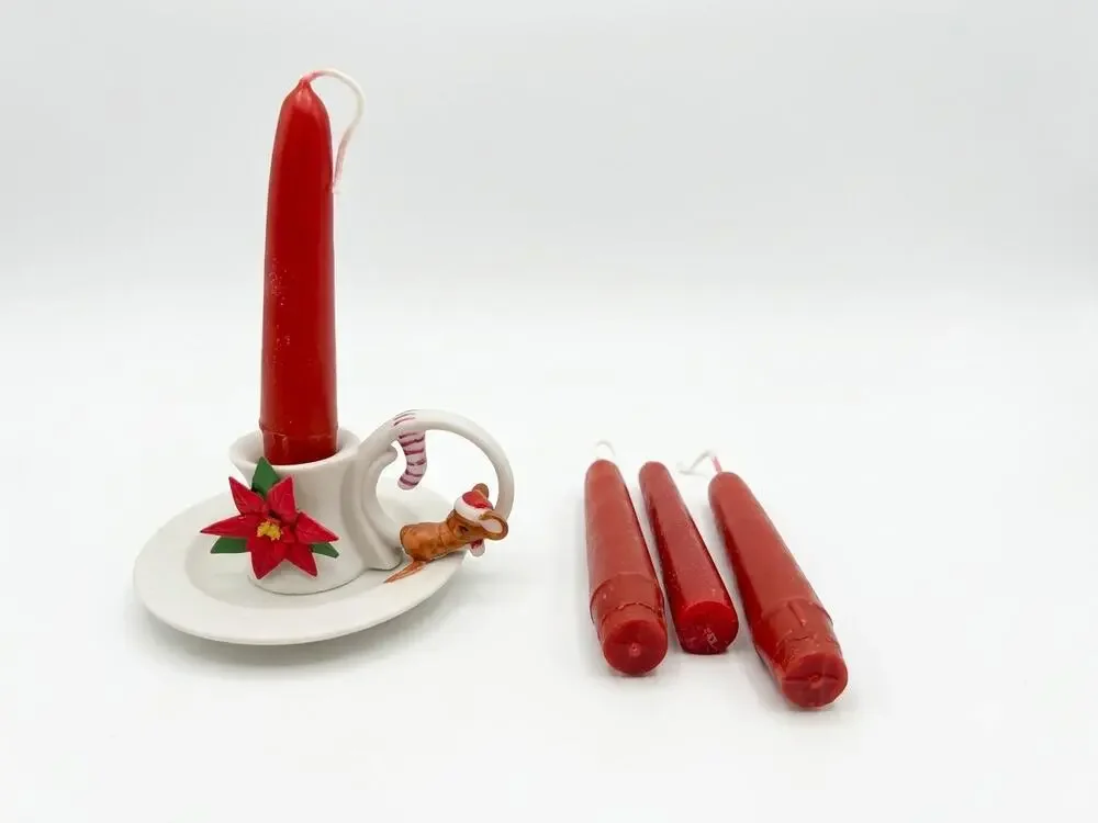 Vintage 1983 Christmas Candle Holder, Ceramic Christmas w/ 4 Red Taper Candles